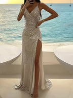 Elegant European and American Style Sequined Spaghetti Strap V-Neck Asymmetrical Ruched High Slit Evening Gown for Ladies, High-End Banquet and Annual Meeting Host/Bridesmaid Dress for Birthday Parties and Balls - Apricot