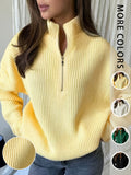 Women's Half-Zip Stand Collar Sweater, Loose Fit Ribbed Cable Relaxed Top, Gavin - Yellow