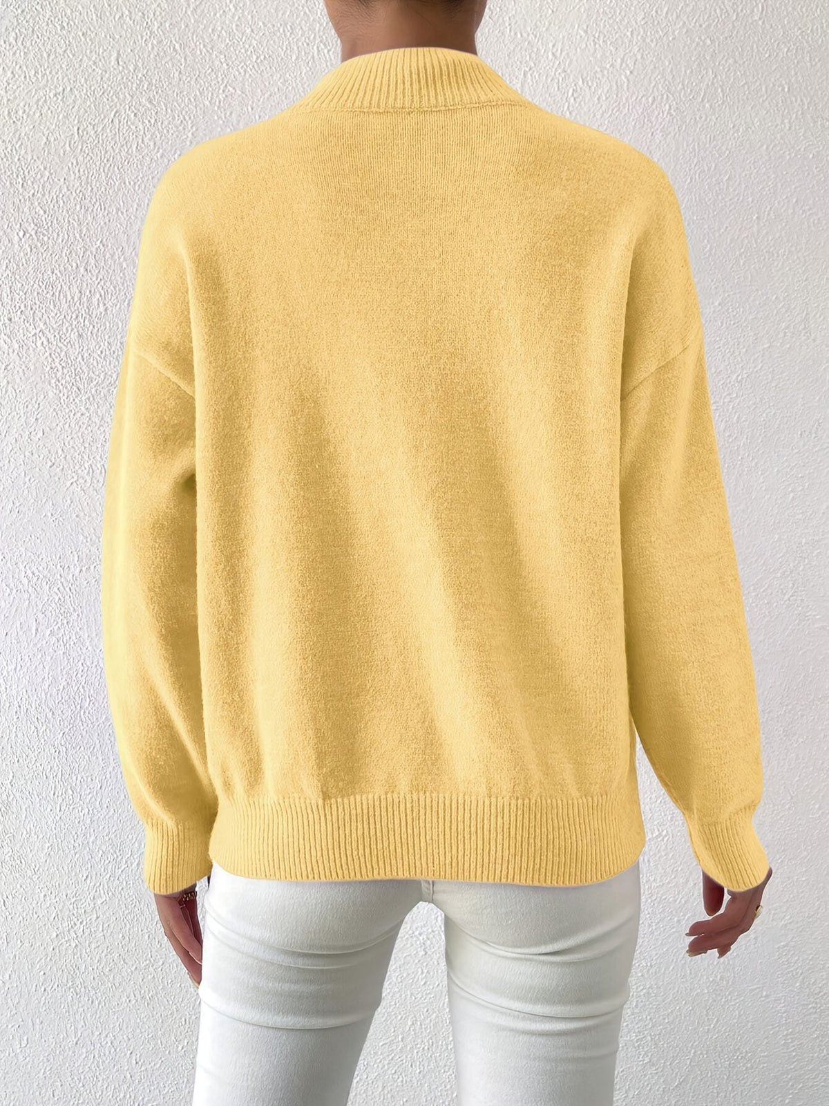 Women's Solid Color Elegant Mock Neck Long Sleeve Drop Shoulder Pullover Sweater - Yellow