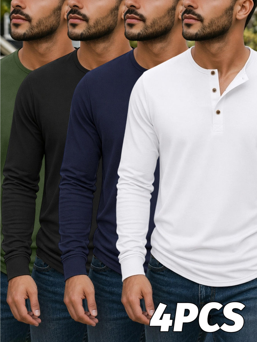 4pcs Set of Men's Spring, Autumn, and Winter Henley Neck Long-Sleeve T-Shirts, Breathable Vintage Casual Solid Color Half-Open Collar Tops, Comfortable and Versatile Base T-Shirts, Suitable for Daily Commuting, Light Business, Home, Sports - White+navy blue+black+green