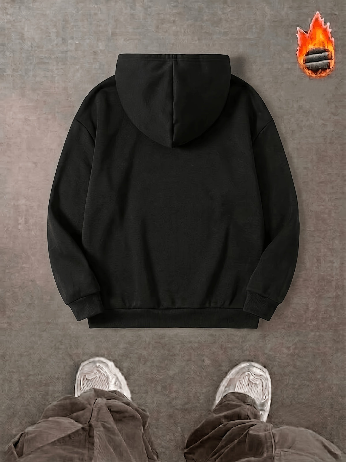 Men's Spring/Autumn Heavyweight Hooded Zip-Up Sweatshirt with Vintage Letter Print, Drawstring Cardigan Jacket, Three-Dimensional Cut with Kangaroo Pocket for a Slimming and Versatile Look, High-End Textured Basic Style for Commuting and Casual Wear - Black