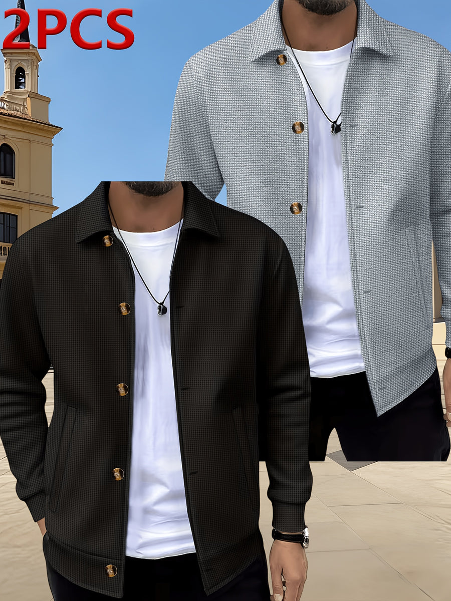 [Pearson OBM] Spring/Autumn Men'S Casual Knit Jacket, Waffle Collar Button-Up Cardigan Jacket, Daily Commute Versatile Men'S Wear 2pcs Set, 2026 New Style Fashionable Versatile Style - Black+gray