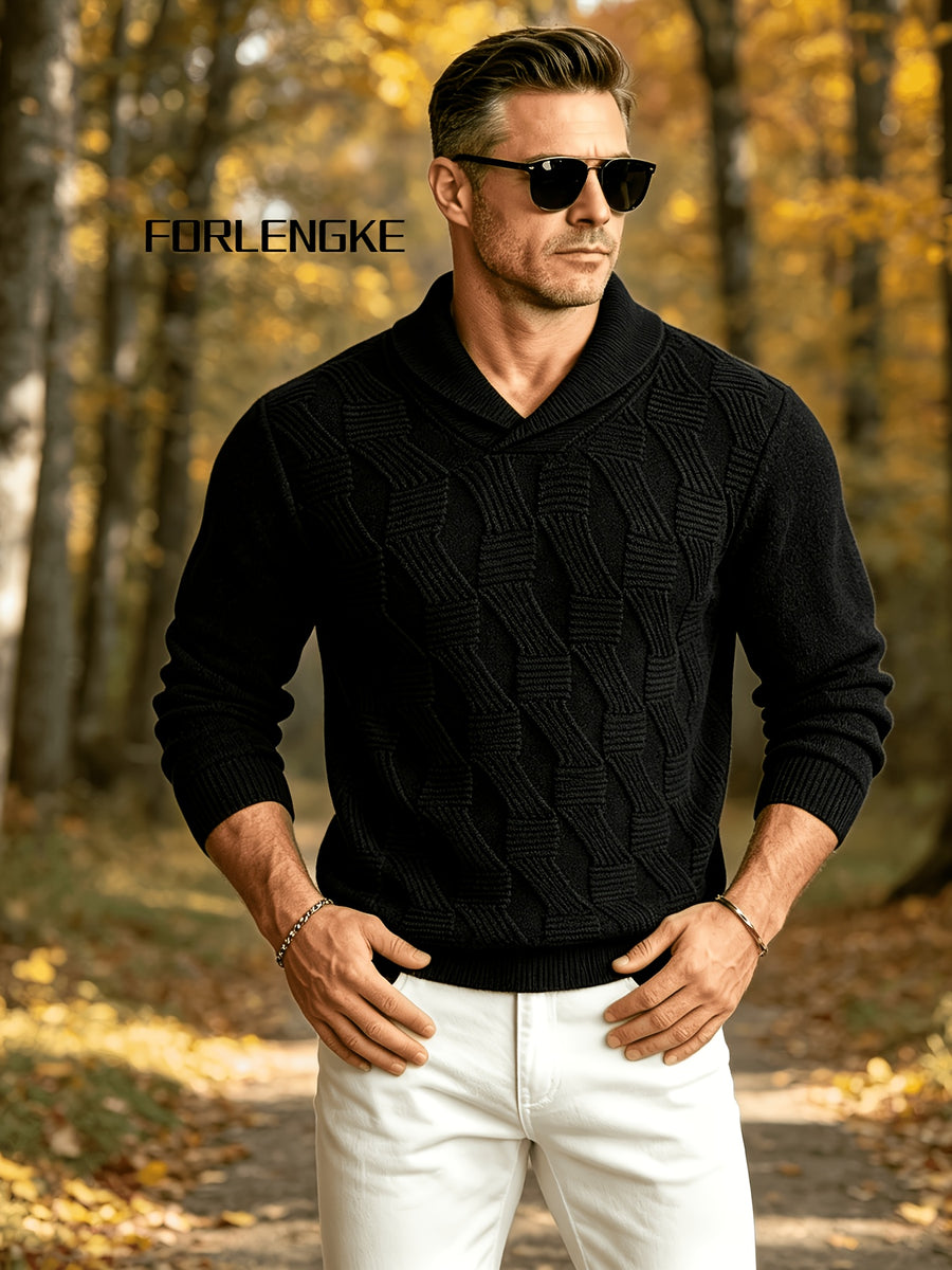 FORLENGKE Men's Business Casual Stylish Geometric Textured Knit Sweater, Soft Warm Long Sleeve Pullover for Fall Winter Office Daily Wear - Black
