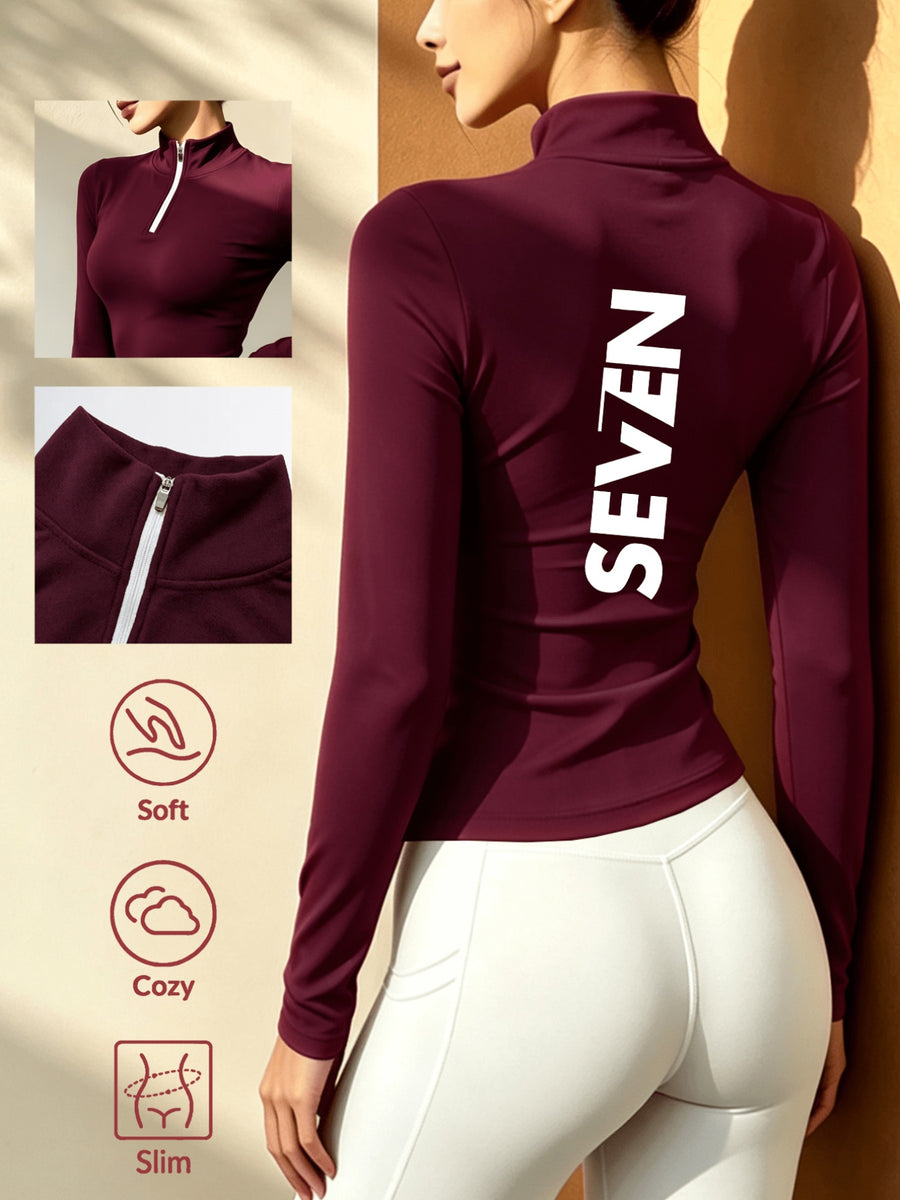 Stand-up Collar Half-zip Long-sleeve T-shirt, Autumn/winter Warm Half-high Neck Base Layer Top - Burgundy