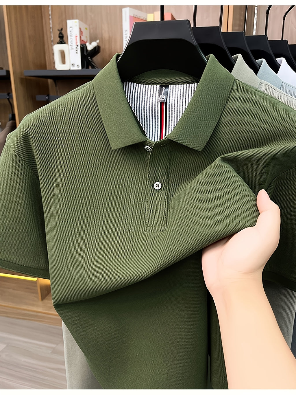 Men's Multi-Color Summer Pearl-Spun Mesh Long-Sleeve Polo Shirt with Contrast Lining and Lapel, Solid Color Simple Design, Skin-Friendly and Breathable, for Business Commuting, Daily Outings, Fishing Leisure, Mid-Life Men's Top - Military Green