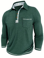 Men'S Retro Trendy Fashion Lapel Long Sleeve Polo Shirt, Casual Stylish Pocket Top T-Shirt - Olive Green