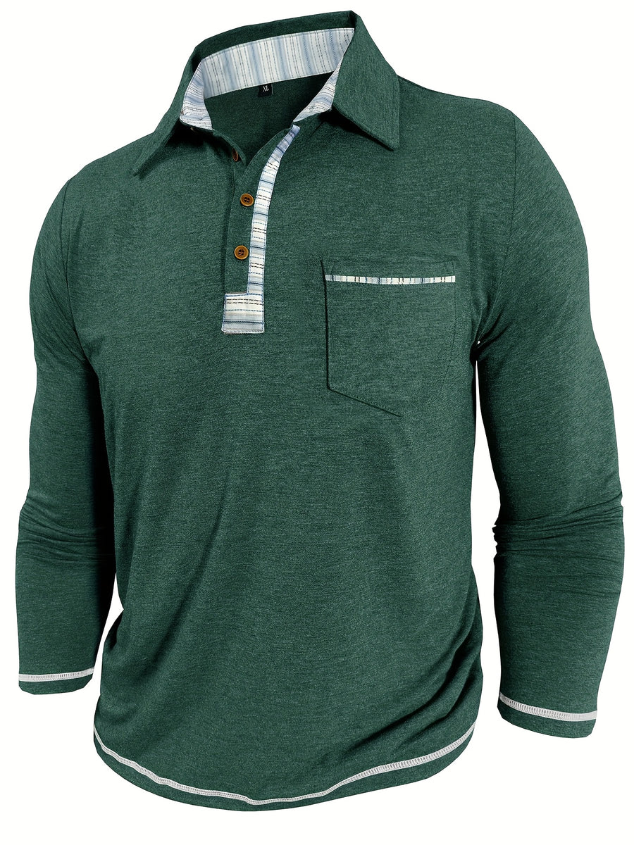 Men'S Retro Trendy Fashion Lapel Long Sleeve Polo Shirt, Casual Stylish Pocket Top T-Shirt - Olive Green
