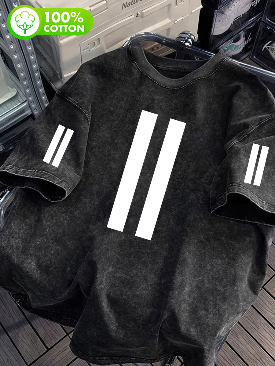 Men'S 100% Washed "Minimalist Style Short Sleeve T-Shirt, Distressed Washed Process with Front And Back Double Vertical Lines Print Design, Creating Street High Street Eye-Catching Look" Casual All-Match Loose Summer Round Neck Short Sleeve - Black