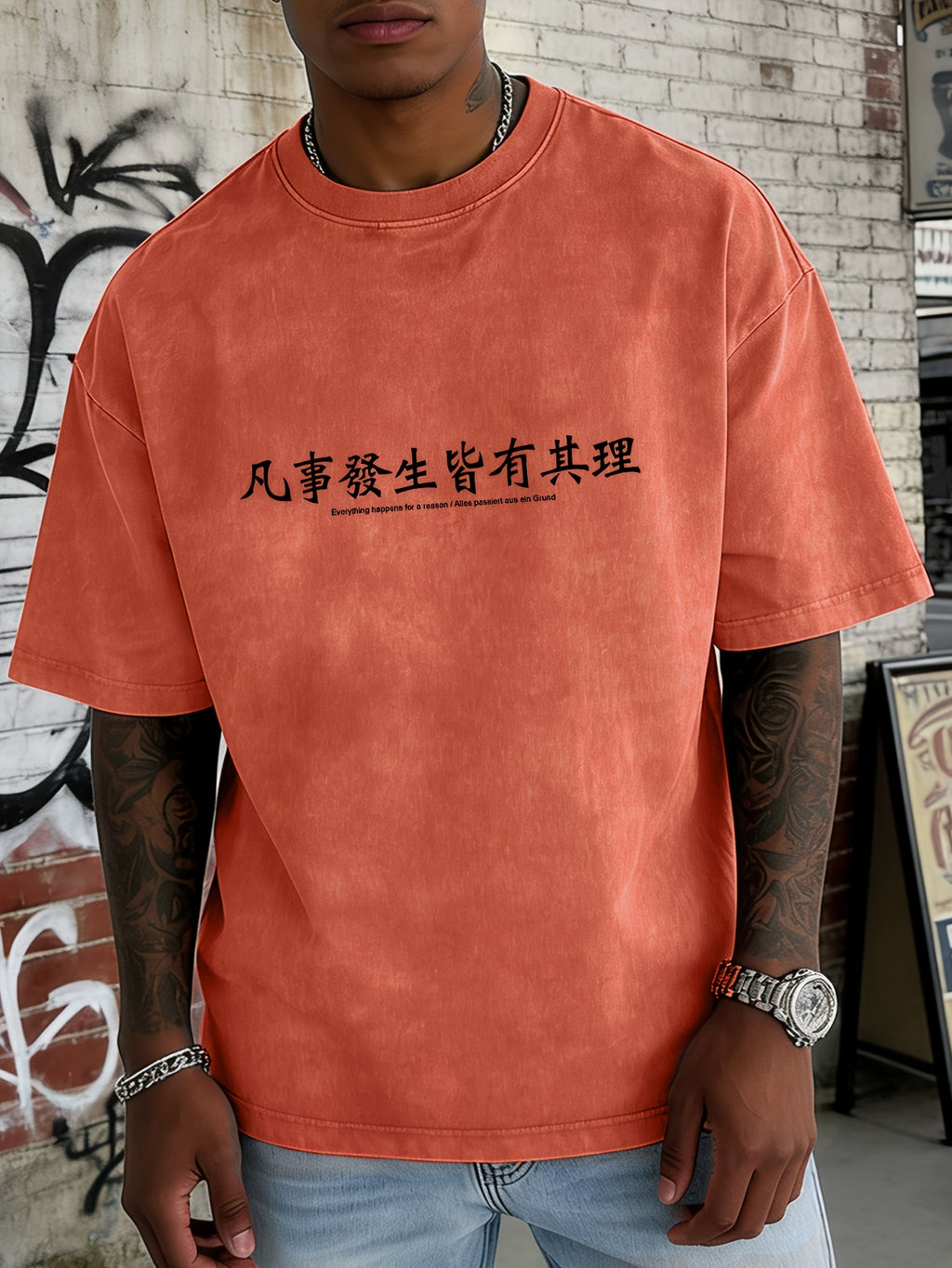 Men's Loose-Fit Washed Distressed Short-Sleeve Cotton T-Shirt Top, Trendy Reversible Double-Sided Print, 12 Colors for  Mix & Match, Minimalist "Everything Happens for a Reason" Chinese Character & Foreign Language Combination Print, National Chic - Orange