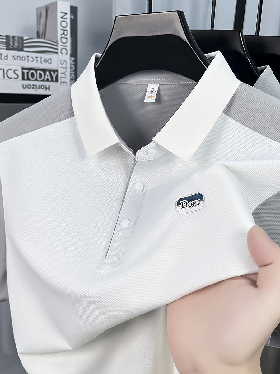 Men's Summer Lapel Polo Shirt - Contrast Color Short-Sleeve T-Shirt with Lapel Collar & Asymmetrical Hem, Breathable Business Casual Top Suitable for Work, Office, Semi-Formal Wear, Machine Washable Regular Fit - White