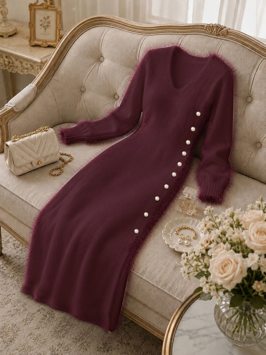Women's Casual Plush Maxi Dress, V-Neck Long Sleeve Button Front Split Sweater Dress, Versatile for Autumn/Winter Daily Commuting, Soft and Comfortable Fabric, Christmas Style, Suitable for Party Outfits and Banquet Attire - Burgundy