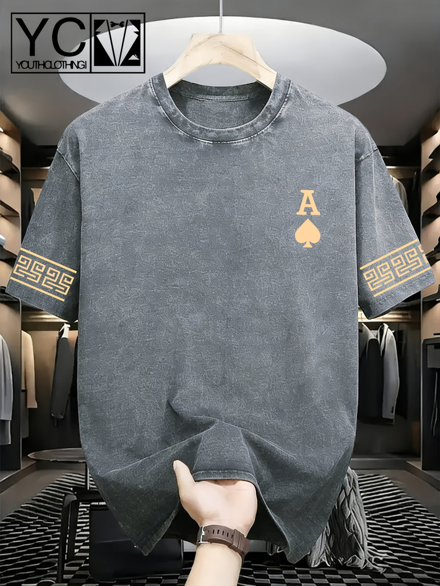 Men'S Short-Sleeve T-Shirt with Trendy Greek Key Pattern Print on Cuffs And Distressed Wash End; Machine-Washable, Loose-Fit Crewneck Top with Textured Washed Look - Light Gray 3