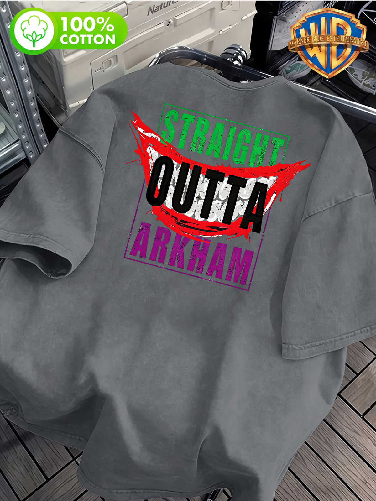 STRAIGHT OUTTA ARKHAM Text Pattern Front And Back Print, Men'S Casual T-Shirt Pure, Men'S Fashion Short Sleeve, Men'S Trendy Top, Washed Distressed Short Sleeve, Loose Fit, 1pc, Casual, Commute, Vacation, Premium, Couple Style, Student, Holiday - Iron Gray
