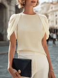 Women'S Summer New Arrival, Elegant Solid Color Puff Sleeve Patchwork Round Neck Blouse, Suitable for Office, Business Commute, Meetings, Casual Outings - Apricot