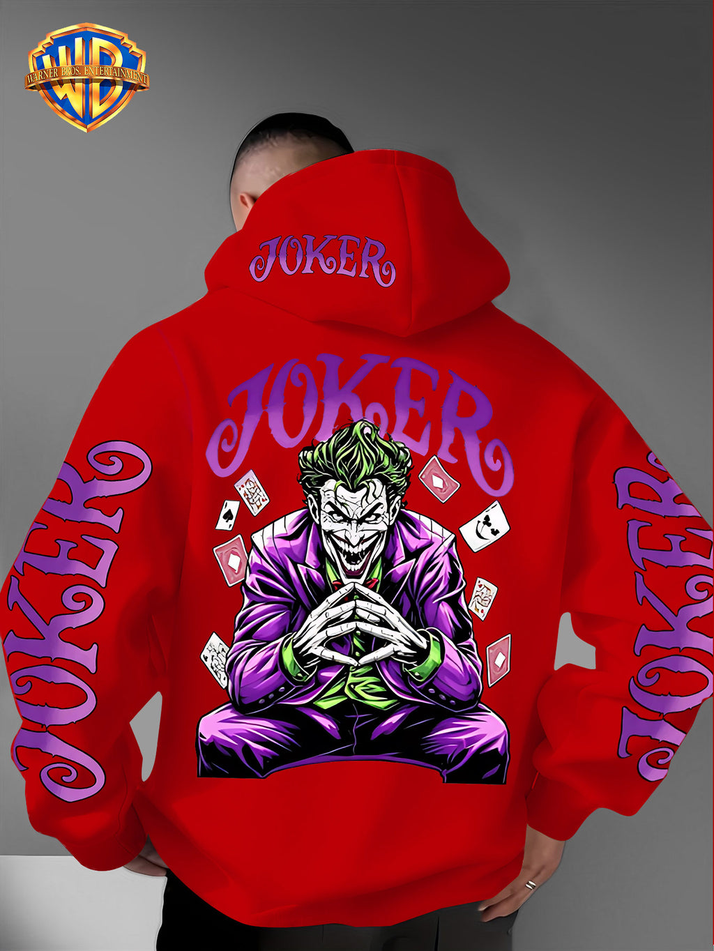 Warner Bros. Fashion Poker Joker Print, Hat Design Pattern, Multi-functional Street Style Men's Hooded Sweatshirt, Comfortable and Casual, Suitable for Autumn and Winter Wear - Red