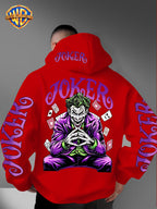 Warner Bros. Fashion Poker Joker Print, Hat Design Pattern, Multi-functional Street Style Men's Hooded Sweatshirt, Comfortable and Casual, Suitable for Autumn and Winter Wear - Red