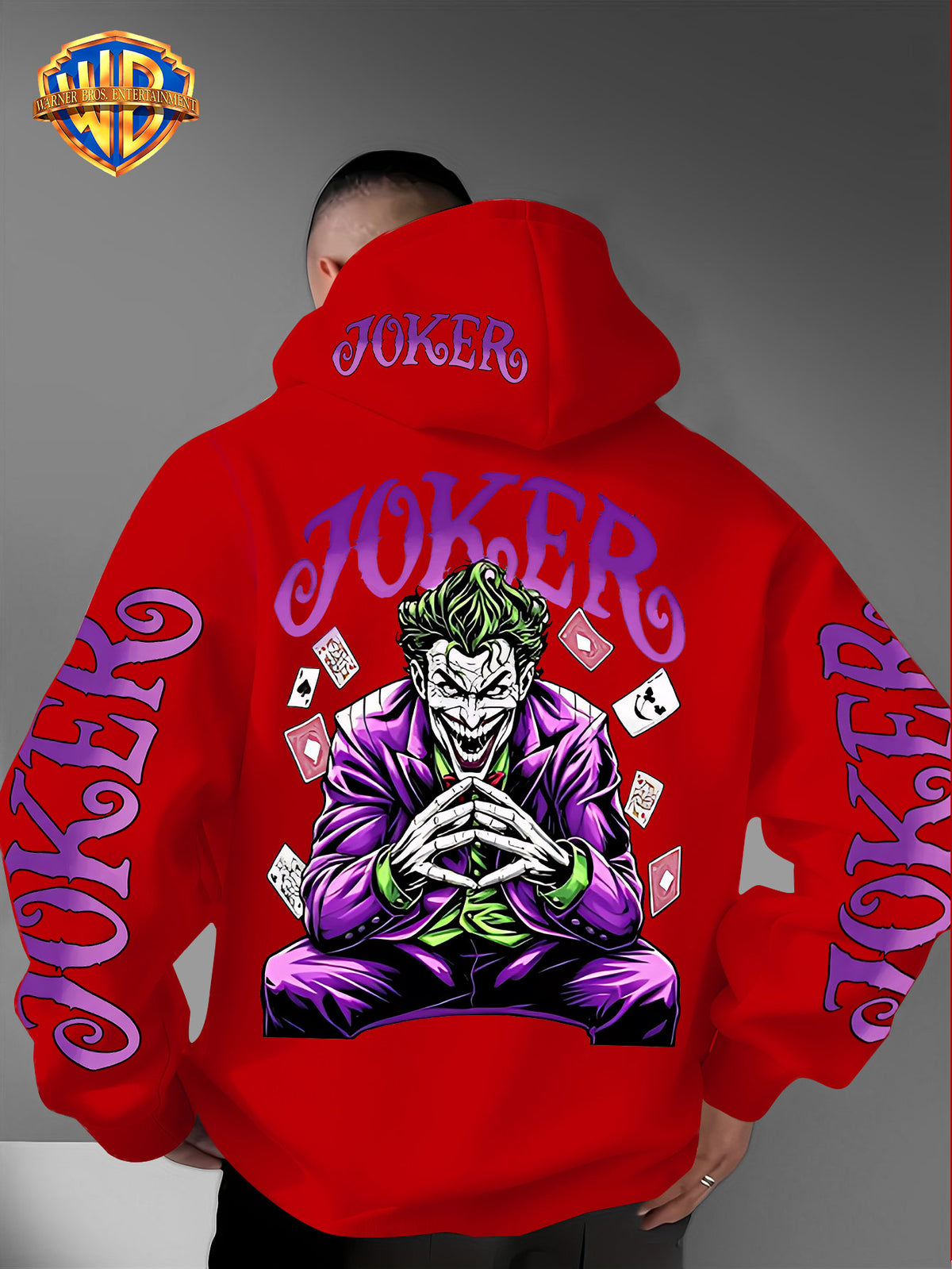 Warner Bros. Fashion Poker Joker Print, Hat Design Pattern, Multi-functional Street Style Men's Hooded Sweatshirt, Comfortable and Casual, Suitable for Autumn and Winter Wear - Red
