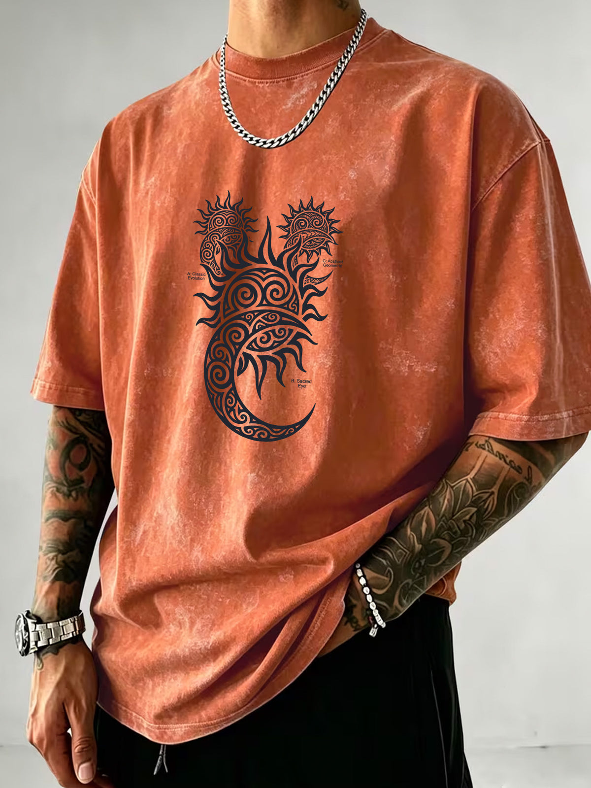Washed Distressed Short Sleeve Loose Top, Tribal Totem Sun Vortex Trendy Print, Multi-Color Casual Matching, American Street Hip-Hop High Street Style, Daily Outing Commute Sports Fitness Couple Statement Versatile T-Shirt - Orange