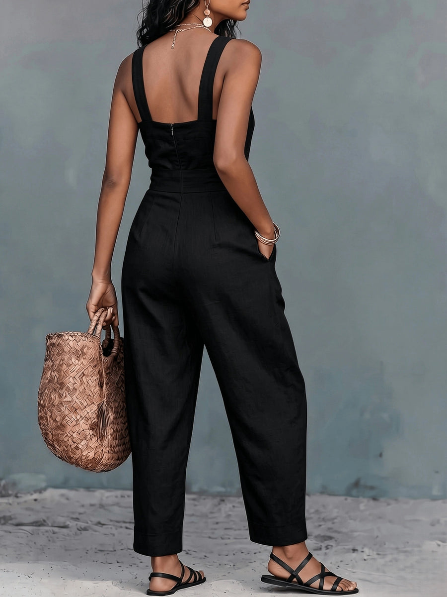 New Spring/Summer Women's Halter Neck Sleeveless Jumpsuit with Wide-Leg Loose-Fit Pants - Black