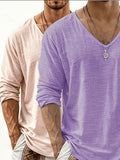 2pcs Set of Solid Color Casual Long Sleeve T-Shirts, Men'S V-Neck Breathable Versatile Top - Pink+Light Purple