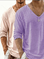 2pcs Set of Solid Color Casual Long Sleeve T-Shirts, Men'S V-Neck Breathable Versatile Top - Pink+Light Purple