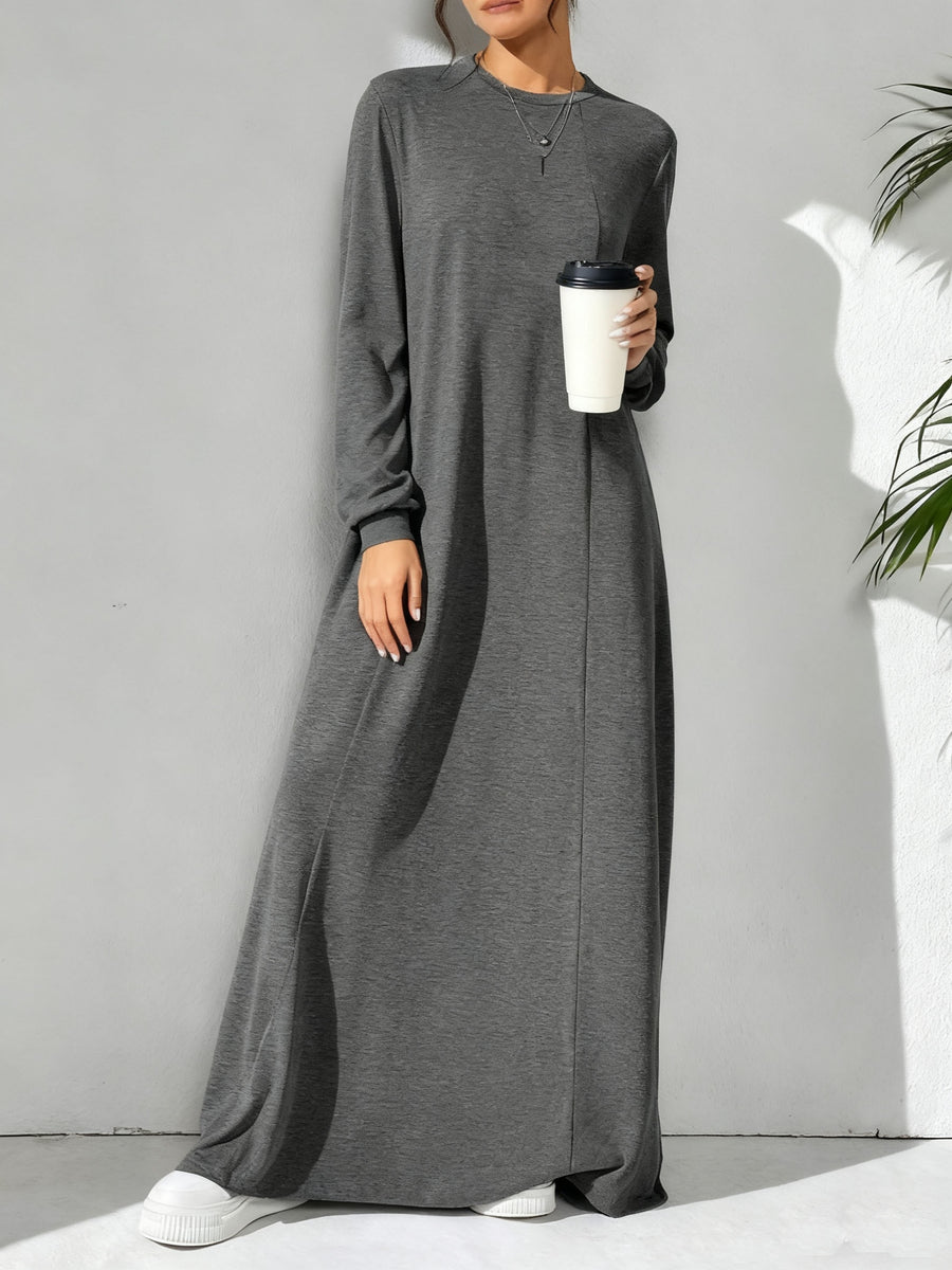 Women'S Casual Solid Color Arabian Style Dress, Spring/Autumn Season, Easy Long Sleeve Dress, Perfect for Beach/Casual/Vacation/Home Wear/Daily Wear - Graphite Color
