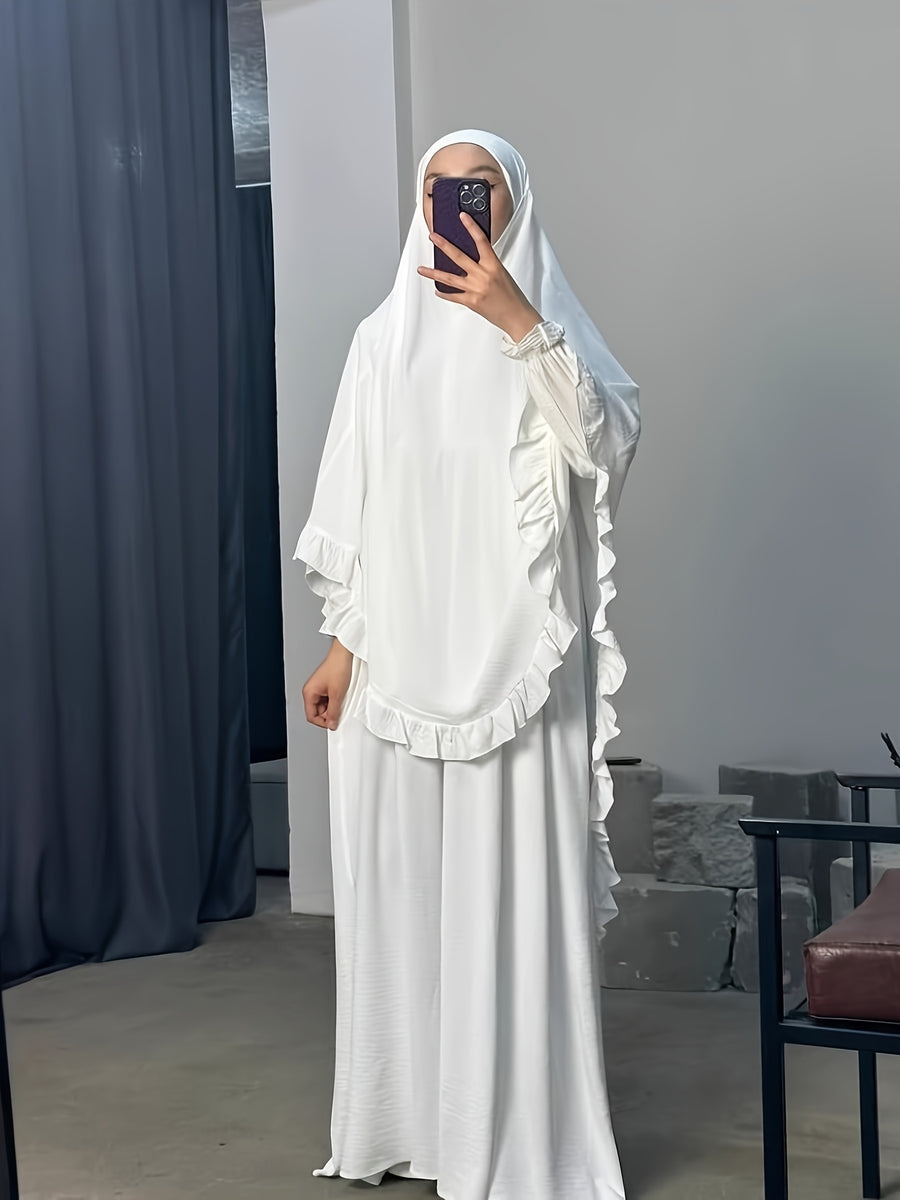 2pcs Set: Middle East Dubai 2pcs Set, Including 1 Solid Color Long Headscarf + 1 Long Robe, Women's Fashion Loose Robe Ramadan Prayer Outfit - White