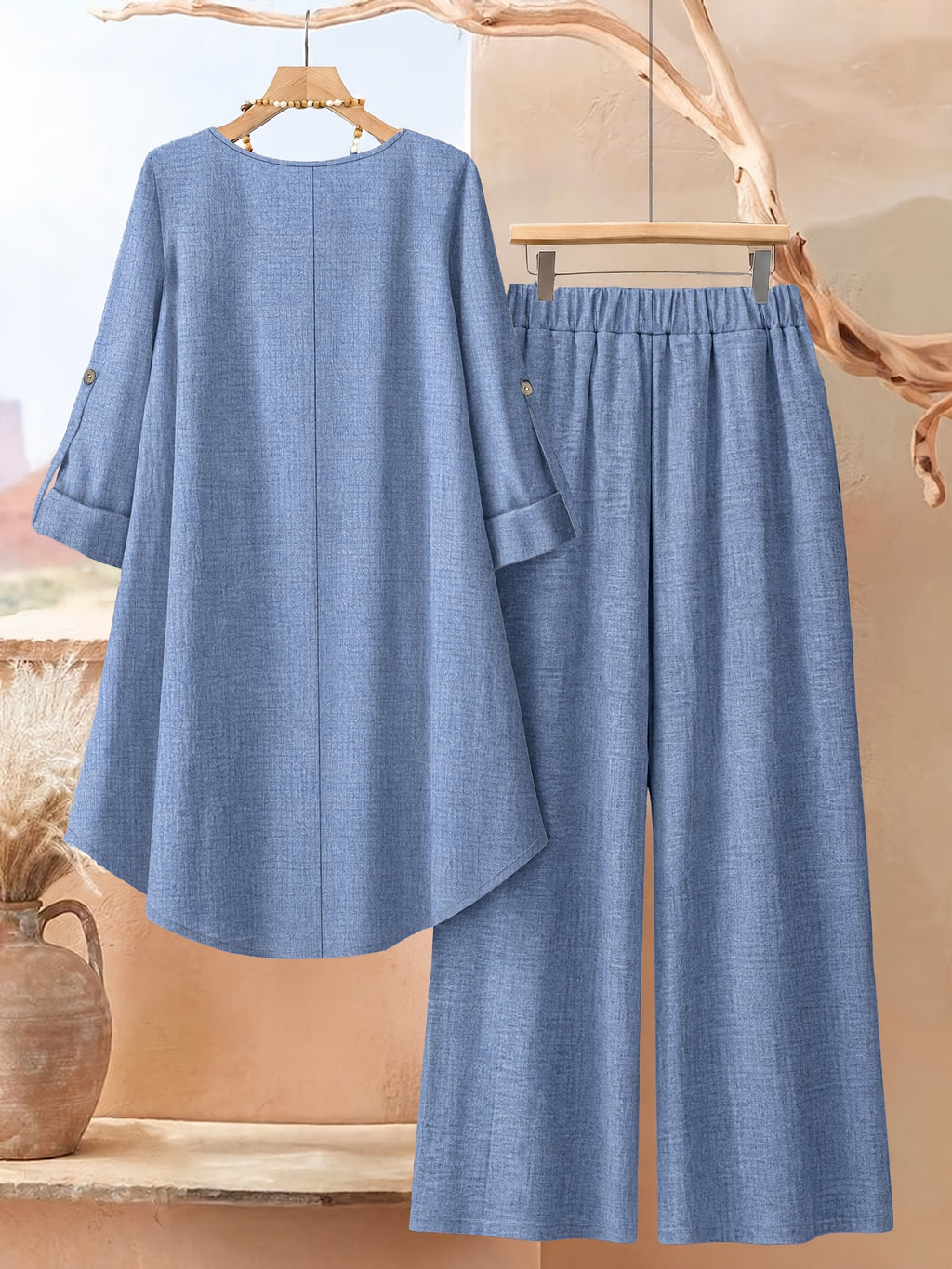 Women'S Fashion Solid Irregular Hem Design Top And Casual Wide-Leg Pants 2pcs Set, Daily Elegant - Blue