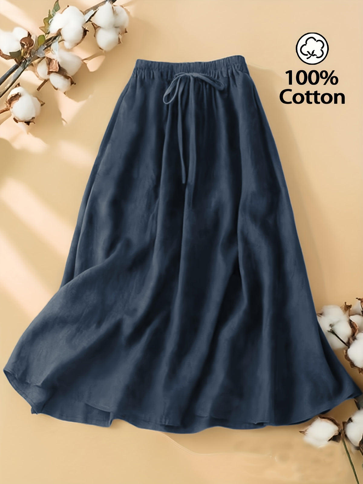Women'S Solid Color Elegant Style Tie Skirt, Women'S Artistic Style Mid-Length Elastic Waist Skirt, Women'S Casual Solid Color Pure Comfortable Skirt with Invisible Pockets, Suitable for Daily Leisure, Commuting, Beach Vacation Wear - Royal Blue