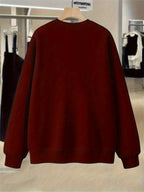 Plus Size, Extended Apparel: Women's Spring/Autumn/Winter Cross-Border European & American Plus-Size Simple Graphic Print Sweatshirt, Casual Crew Neck Sweatshirt, Women's Plus-Size Sweatshirt - Burgundy