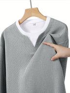 2026 Fashion Brand Print Creative Letter Pattern Mother's Day Waffle 2-in-1 Look Long Sleeve T-Shirt Men's New Casual Loose Outdoor Sports Breathable Oversize Top - Grey