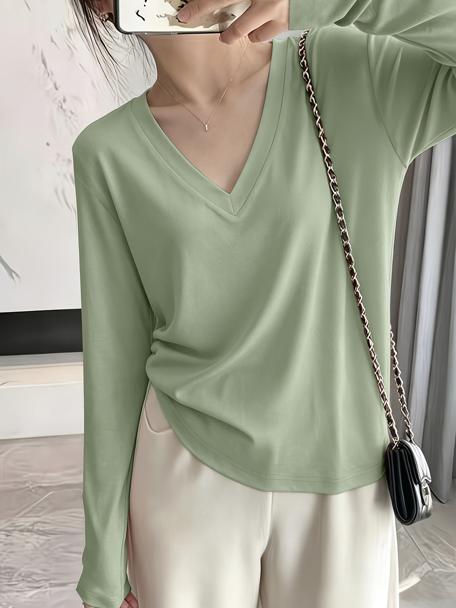 Loose Fit Drop Shoulder Sleeves Relaxed Style Women's Long Sleeve T-Shirt Polyester Women's Autumn Top Thin V-Neck Pullover Solid Color Basic Style Women's Casual Base Layer Spring/Autumn Women's Clothing Machine Washable, Not Dry Cleanable Autumn - Light Green