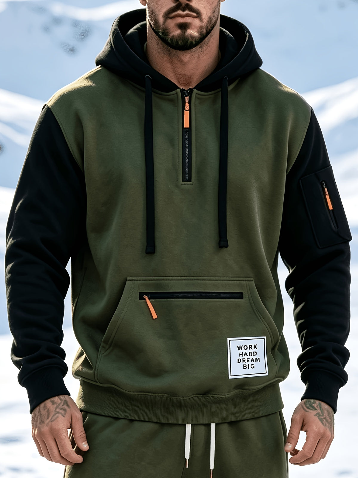 Men'S Fashion Color-Block Pullover Sweatshirt Jacket, Men'S Casual Zipper-Decorated Half-Open Cardigan Sweatshirt Top - Olive Green