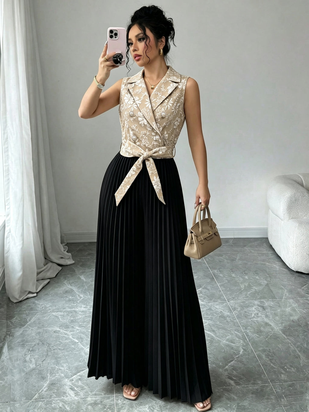 Women's Elegant and Stylish Commuter Brocade Sleeveless Double-Breasted Notched Lapel Waist-Cinching Pleated Pants Jumpsuit for Autumn/Winter - Khaki