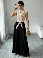 Women's Elegant and Stylish Commuter Brocade Sleeveless Double-Breasted Notched Lapel Waist-Cinching Pleated Pants Jumpsuit for Autumn/Winter - Khaki