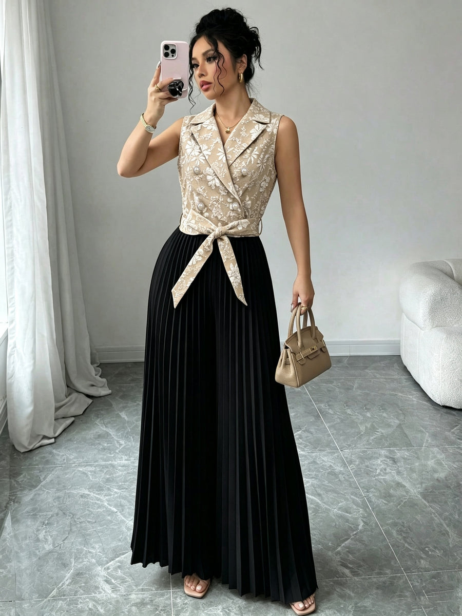 Women's Elegant and Stylish Commuter Brocade Sleeveless Double-Breasted Notched Lapel Waist-Cinching Pleated Pants Jumpsuit for Autumn/Winter - Khaki