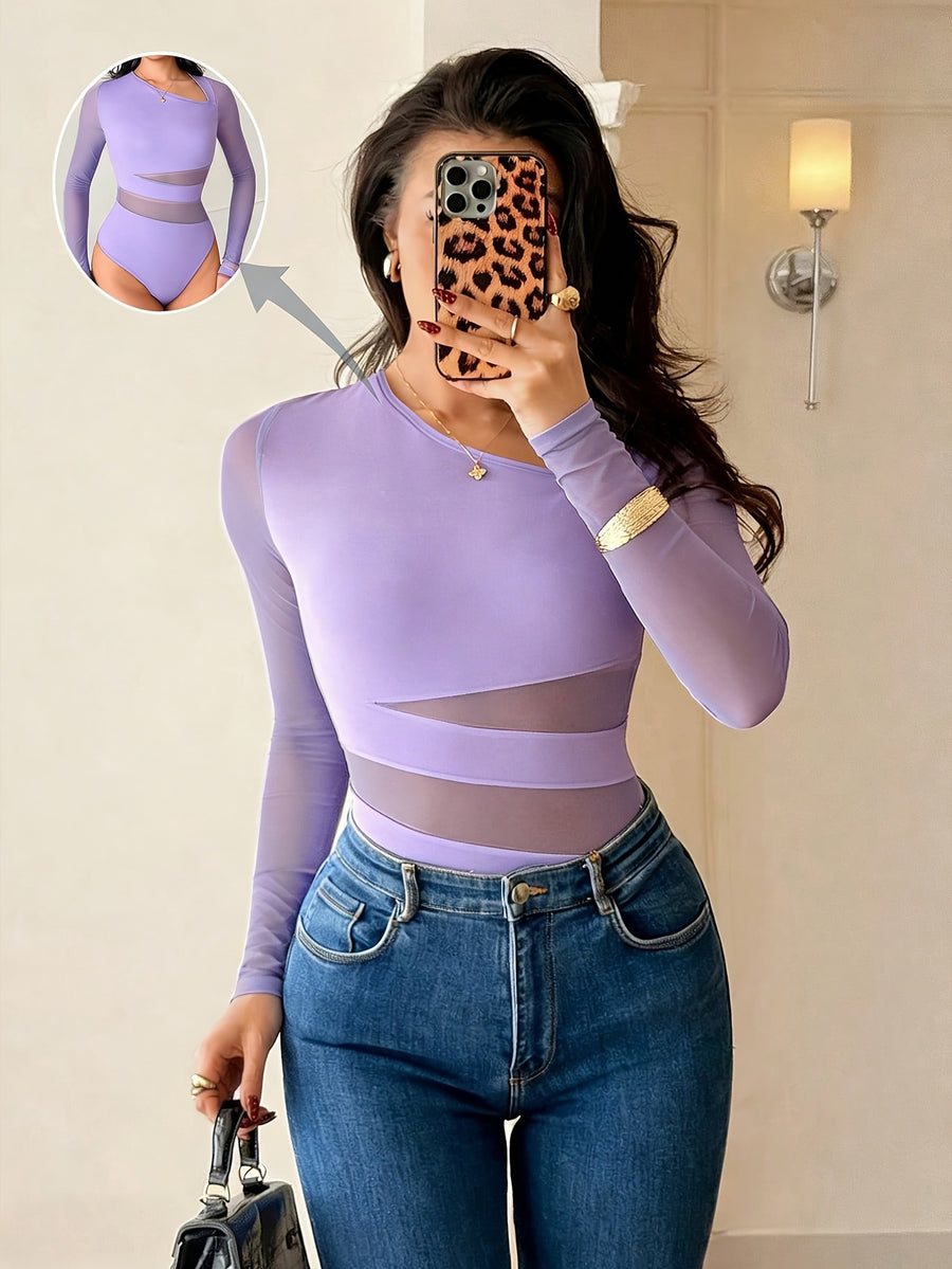 New Women'S Fashionable Solid Color Summer Elegant Sexy Asymmetrical Neckline Mesh Patchwork Long-Sleeved Bodysuit, Round Neck Bodysuit, Mesh Patchwork Slim Fit Bodysuit, Suitable for Women to Wear in Spring And Summer, See-Through Bodysuit - Light Violet