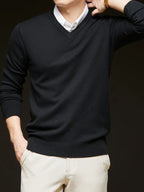 Men'S Set Solid Color V-Neck Knitted Sweater Autumn And Winter Casual Base Pullover - Black+navy+grey