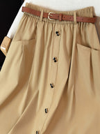 Easy High-Waist Half Skirt Women'S New Elastic Waist Button Decor A-Line Mid-Length Coverage Large Pocket Design Commute Casual Skirt with Belt - Khaki