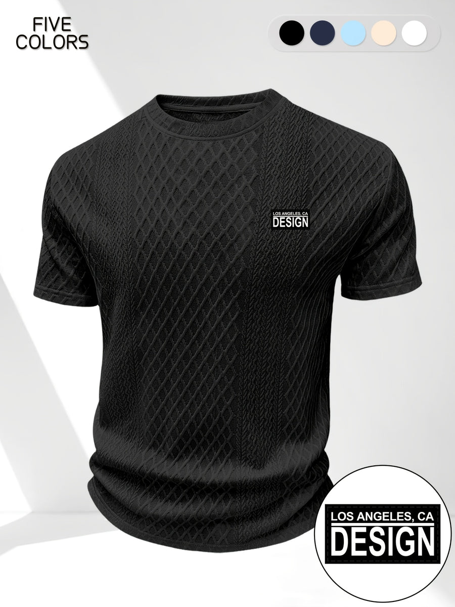 Men's Summer Casual Premium Textured Crew Neck Short Sleeve T-Shirt, Trendy Printed Pattern Design, Comfortable and Breathable Textured Fabric, Suitable for Outdoor Vacations and Daily Wear - Black