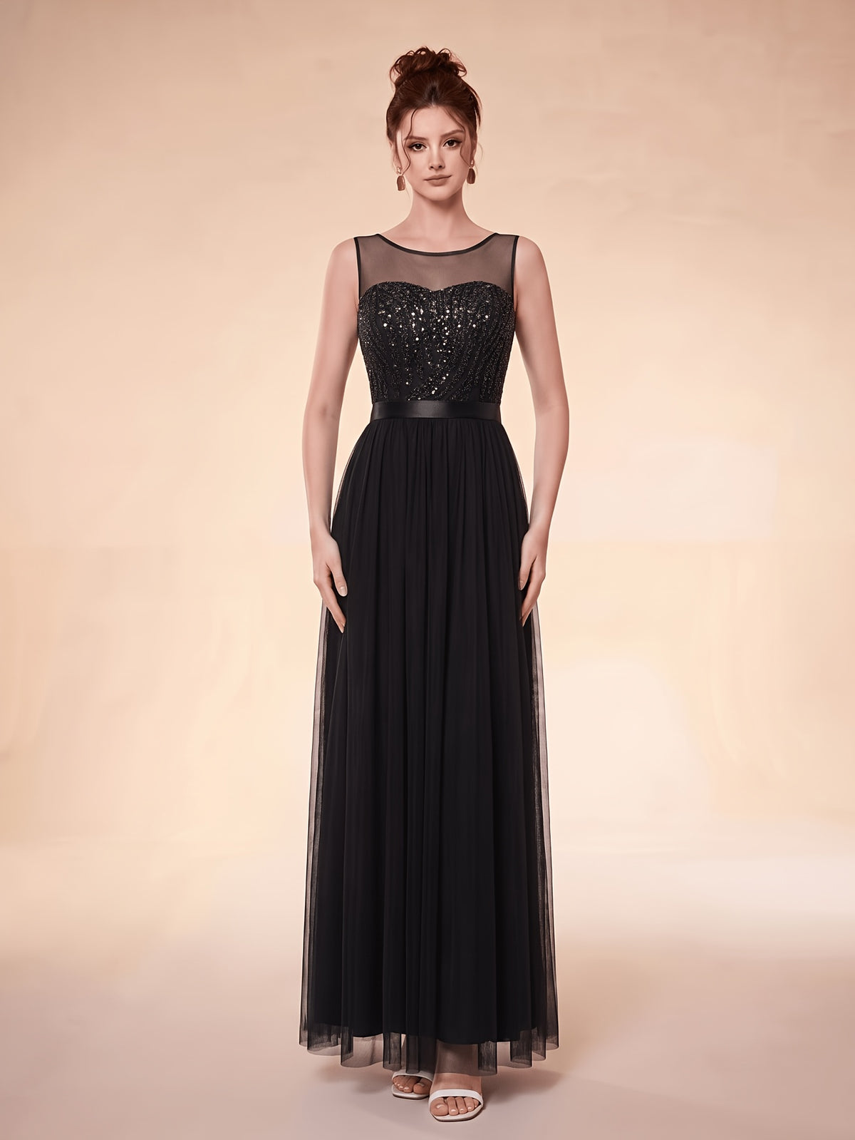 VVGRS010 Women's Sleeveless Sequined Long Gown, A-Line Floor-Length Evening Dress, Elegant for Wedding Guests/Bridesmaids/Prom/Cocktail Parties/Formal Occasions - Black