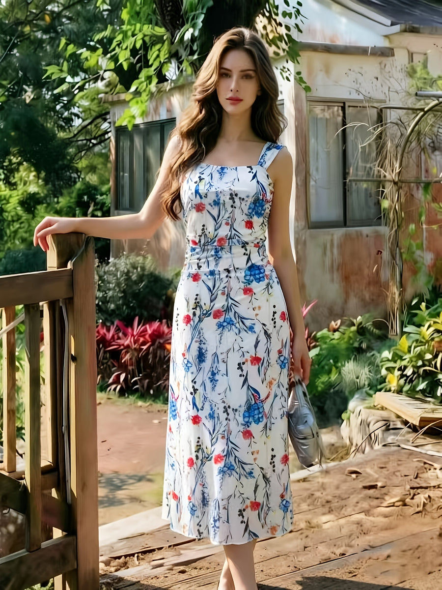 ASD1 2026 New Suspender Dress Women'S Summer Pleated Waist Temperament Mid-Length Dress, Mesh Dress, Gentle Style Fairy Dress. Retro Print Dress, Diverse Color Design, Gentle Vacation Style Long Skirt, French Romantic Style, Drape Mesh, Beach - Blue and pink flowers on white background