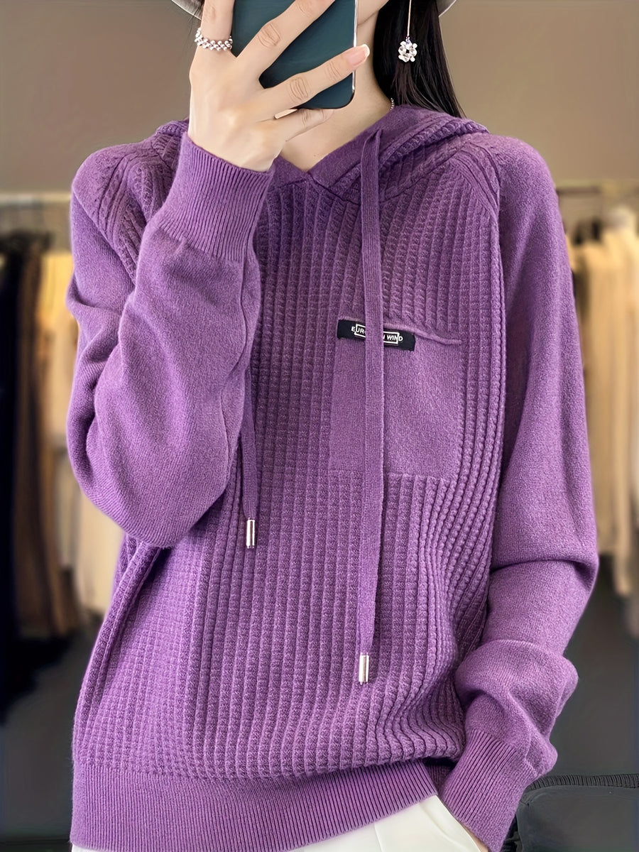 Women's Medium-weight Button-up Hooded Pullover Sweater, Solid Color Long Sleeves, Fashionable Casual Style - Purple