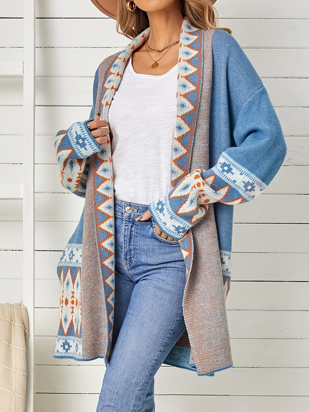 2024 European And American Autumn And Winter New Ethnic Style Printed Long-Sleeved Sweater Cardigan Coat Women - Peacock Blue