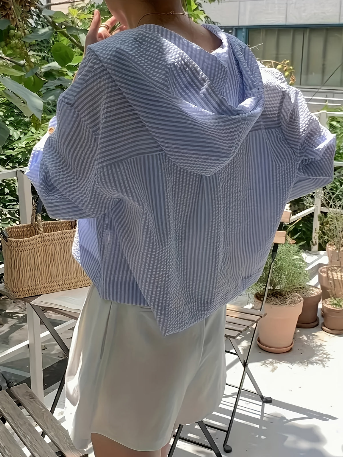 Versatile Single-Breasted Striped Color-Blocking Short Loose Vacation Long-Sleeved Hooded Shirt Women - Deep Sky Blue