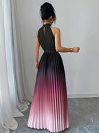 Elegant Romantic Ruffled Neckline And Waist Tie A-Line Pleated Gradient Maxi Dress - Black