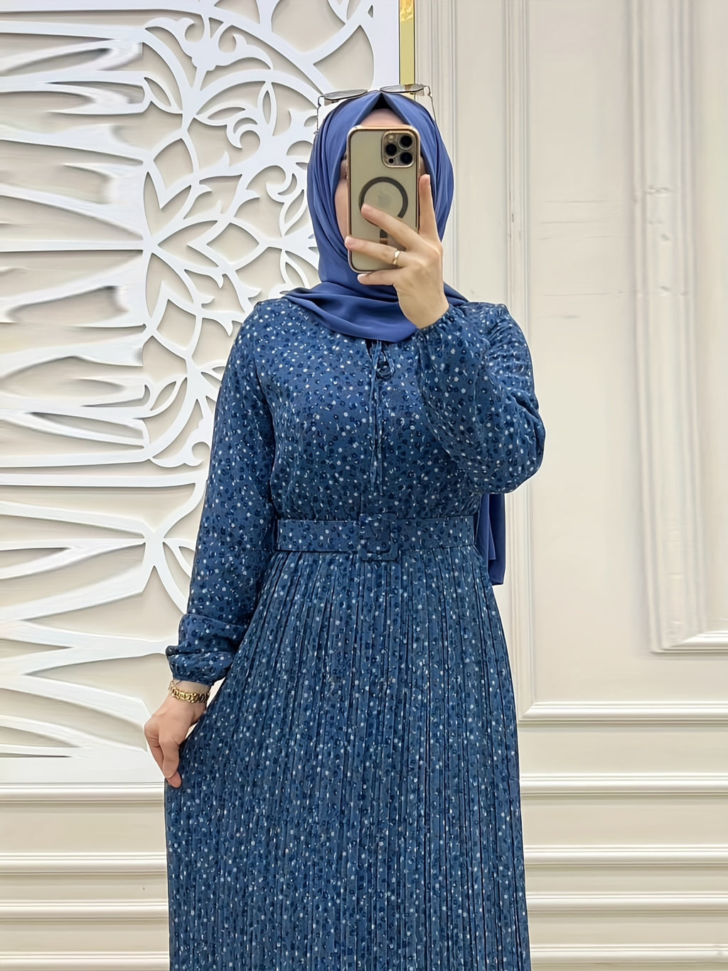 Women's Middle Eastern Muslim Chiffon Floral Print Long Dress - Deep Blue