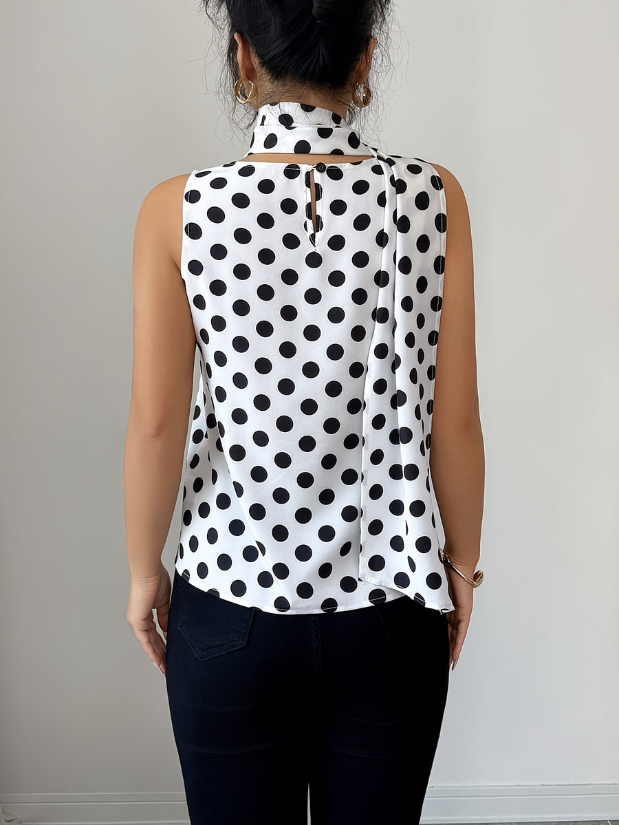 Women's Fashion French-Style Lace-Up Sleeveless Shirt, Casual Color-Block Polka Dot Top - White