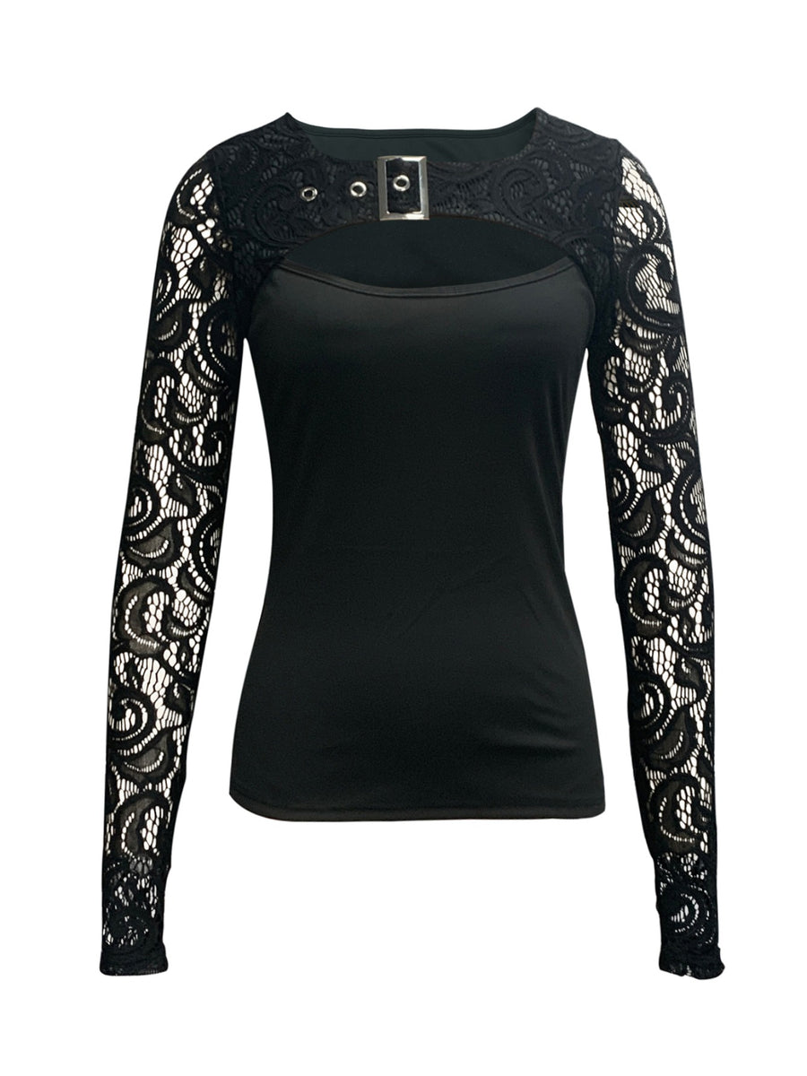 Fashion Casual Lace-Trimmed Solid Color Long Sleeve Bodycon Top | Funnel Collar, Contrast Lace Detail, All Season - Black