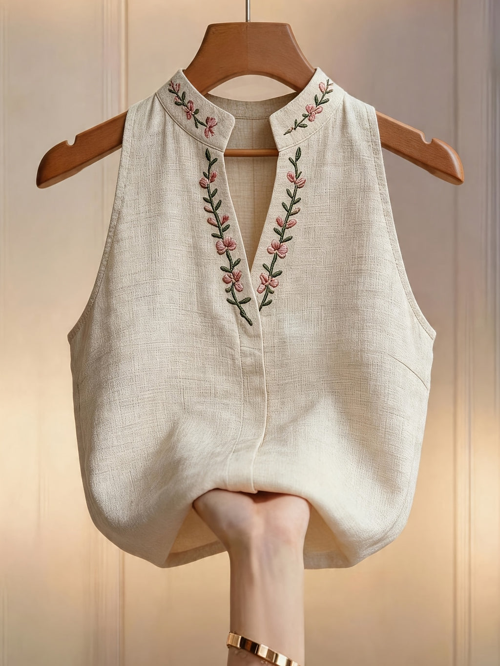 Women's Floral Embroidered Stand Collar Sleeveless Blouse, Embroidered Top, Elegant Summer Outfit, Office and Commuting Attire, Pretty Blouse, Casual Elegance, Shirt - Apricot